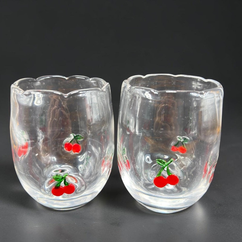 Pair of Fused Glass Cherry Tumblers Clear Wavy Rim Fruit Motif 5 Inch Set of 2